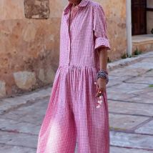 Lose Beiläufige Plaid Print Overall Mode Revers Einreiher Halbe Ärmeln Breite Bein Overall Frühling Sommer Mode Dame Neue
