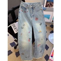 Vintage bestickte Jeanshose für Damen, Sommer, 2022, neue koreanische Mode, hohe Taille, gerade, Retro, lässige Denim-Hose