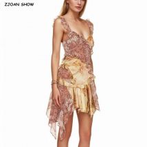 Sexy V-ausschnitt Paisley Totem Druck Holz ohren Rüschen Strap Mini Kleid Frauen Niedrige Taille Saum Geraffte Plissee Unregelmäßige Robe Urlaub
