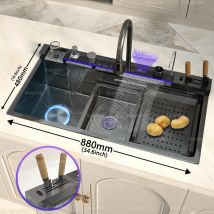 Edelstahl Küchen spüle mit Wasserfall Tasse Waschmaschine Messer Rack geprägt extra große Single Slot Wohnung linke Seite Entwässerung