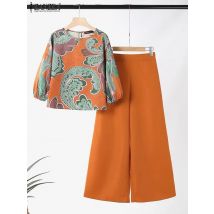 2024 sommer Floral Print Anzug ZANZEA Frauen 3/4 Hülse Bluse Breite Bein Hose Sets Stilvolle Trainingsanzüge Mode Lose Passenden Sets
