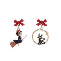 S925 Needle Bow Cartoon Cute Cat Broom Funny Drop Earrings Creative Enamel Asymmetry Witch Black Cat Earrings for Women Girls