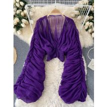 Summer Sexy Draped Chiffon Blouse For Women Elegant V-Neck Puff Long Sleeve Short Tops Female Slim Party Shirts 2022 New Fashion