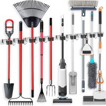 Mop and Broom Holder Stainless Steel Heavy Duty Garden Tool Organizer Storage Rack Self Adhesive Hooks Non-Slip Holder