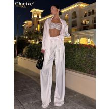 Clacive Fashion lose weiße Satin Hosen Sets für Frauen 2 Stück 2024 elegantes Langarmhemd mit hoher Taille breite Hosen Set