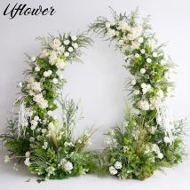 Uflower-plantas verdes, hoja, rosa blanca, fila de flores, telón de fondo de boda, cuerno, soporte de arco, decoración, escenario, pasillo, suelo, arreglo floral