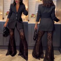 Spring Autumn New Pants Sets Women Fashion Slim Blazer See Through Lace Flared Trousers Two Piece Set Streetwear Lady Suits 2025