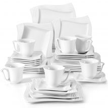 MALACASA Amparo 30/60 Stück Weiß Porzellan Geschirr Set Tassen Untertassen Dessert Suppe Abendessen Platten Service für 6/12 Persone