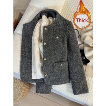 Zoki Winter Faux Woolen Gray Coat Women Vintage Thick Warm Long Sleeve Slim Jacket Casual O Neck Female Korean Elegant Retro Top