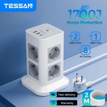 Presa multipla TESSAN Tower con 2 prese multiple USB + 1 tipo C Cavo di prolunga da 2 M Spina UE Presa elettrica verticale Protezione contro le sovratensioni