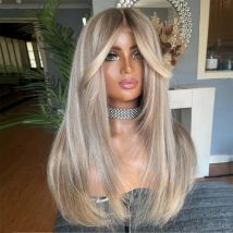 Balayage Ashy Blonde Lace-Front-Perücke, hervorgehoben, Alopezie, 100 % Remy-Echthaar, gerade Perücke, 13 x 4 HD-Spitzenperücken, schmelze Wurzeln, ohne Kleber