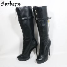 Sorbern Schwarz Matt Mitte Wade Frauen Stiefel Frauen High Heel Mit Schlösser Plattform Schuhe Schnüren Stilettos Benutzerdefinierte Plus Größe 47 48