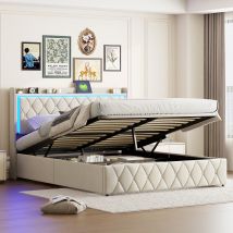 Cama tapizada Comanlai con iluminación LED y espacio de almacenamiento Tela de terciopelo beige con marco de cama doble con diseño de remache de rombos