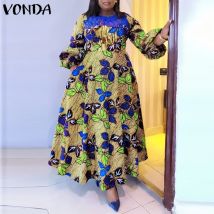 VONDA Women Elegant Maxi Dresses Casual Floral Printed Sundress Lace Patchwork Round Neck Robe Bohemian Party Holiday Vestidos