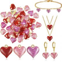 15 Stück Herzform Anhänger Charms Rosa Rot Valentinstag Liebe Öl Tropf Metall Glitzer Pulver für Schmuckherstellung DIY Armband Halskette