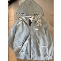 American Grey Frauen Kapuze Sweatshirt Frühling Herbst Plaid Patchwork Cardigan Lazy Style Spitze Outwear Jacke