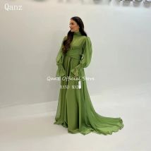 Qanz Elegante grüne Ballkleider Dubai Frauen Chiffon Lange A-Linie Puffärmel Formelle Anlässe Kleider Robes De Soirée Maßgeschneidert