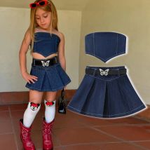 Summer Girls Sleeveless Strapless Denim Tops+Pleated Skirt+Bow Belt 3 Pcs Sets Children's Cowboy Clothing Baby Girl Outfit Set