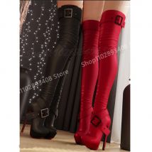 Rot Sexy Kreuz Schnalle Gürtel Overknee Stiefel Plattform Stiletto High Heel Mode Frauen Schuhe 2025, Frühling Zapatos Para Mujere