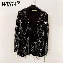 WVGA Frühling Herbst Neue Männer Y2K Dark Techwear Gothic Kette Design Blazer Punk Rock Schwere Perlen Nische Chic Casual Anzug-mantel W8497
