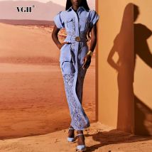 VGH Elegante Patchwork Sheer Lange Kleider für Frauen Revers Kurzarm Hohe Taille Gespleißt Spitze Up Büro Kleid Weibliche 2025 Stil