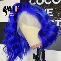 WIF Königsblau, kurzes Haar, gewellter Bob, Lace-Front-Perücke, gewellt, kurzer Bob, Wärmefaser, blaues Haar, synthetische Perücken, 30,5 cm, für Damen, täglicher Gebrauch