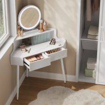WOLTU Tocador de esquina de tocador blanco con iluminación de espejo Mesa cosmética de maquillaje de brillo ajustable para dormitorio