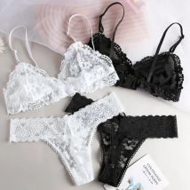 Damen Drahtloser Spitzen-BH und Höschen-Set, Sexy Transparente Bralette, Tanga mit Niedriger Taille, Dreieckiger Cup, Dessous-Set, Damenunterwäsche S-L