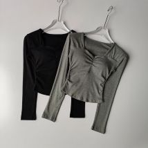 Herbst Winter Französisch V-ausschnitt Plissee Quick Dry Yoga T-shirt Frauen einteiliges Brust Kissen Abnehmen Atmungsaktive Fitness Basis Top