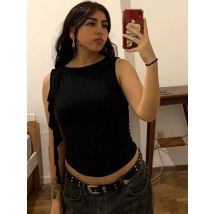 Sommer Damen Einfarbig ärmellose Weste Quaste Detail Rundhals Pullover Slim Fit Casual Y2K Street Wear T-Shirt