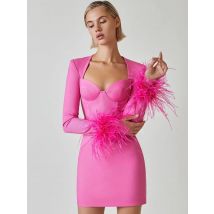 Neue Ankunft Frauen Winter Sexy Langarm Feder Pink Schwarz Mini Verband Kleid 2023 Elegante Abend Club Party Kleid