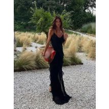 Frauen Schwarz Gestapelt Rüschen Saum Langes Kleid sexy Ärmellose Backless Chiffon V-ausschnitt Kleider 2024 Neue Dame Urlaub Vestidos
