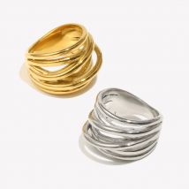 E.B.belle Unregelmäßiger gewebter Wickelverschlussring, wasserdicht, silberfarben, 316L-Edelstahl, Zubehör, 18 Karat vergoldeter Schmuck