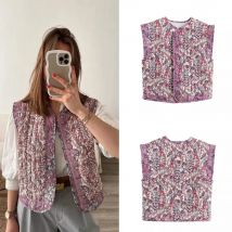 Neue Damen-Weste, ärmellos, Rundhalsausschnitt, bestickt, offener Kragen, gesteppte Baumwolle, Tank-Top, Kam-Schultermantel, lockere Kurze