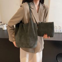 Retro Women's Suede Shoulder Bag New Solid Colors High Capacity Casual Tote Zippered Versatile Sewing Thread for Crafting