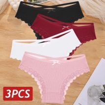 3 pz/set mutandine di cotone da donna sexy mutandine brasiliane di pizzo a vita bassa scava fuori lingerie morbida e traspirante biancheria intima femminile con fiocco S-XL