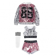 Set di giacche e pantaloncini con top corto con paillettes rosa per ragazze, costume da ballo jazz moderno hip-hop per spettacoli teatrali