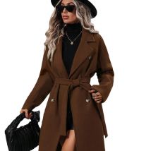 2025 Women's Double Breasted Wool Coat, Belted Trench with Lapel, New Autumn Winter Long Overcoat