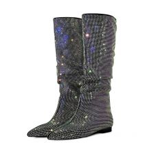2025 new Blingbling Rhinestone Boots Luxury Flash Drill Ladies Party Shoes Low Heel Women Pointed Long Boots Autumn Winter Shoes