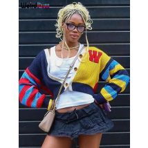 Seltsame Puss Y2K Strickjacke Pullover Frauen Brief Drucken Casual Wild V-ausschnitt Taste Bunte Patchwork Straße Trend Hipster Stricken Mantel