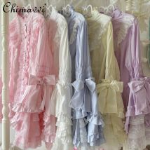 Camisa Original de manga larga de Lolita con cuello levantado, camisa de manga Ji con respaldo, blusa holgada con empalme de encaje para chica dulce, Top