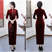 Middle Aged Elderly Dresses Autumn Winter Female Golden Velvet Maxi Dress High-grade Lady Wrap The Buttocks Split Fork Vestidos