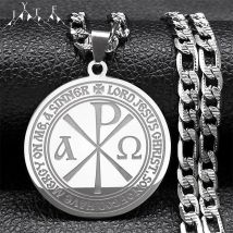 Chi Rho Praxis Konstantin Kreuz Halskette Männer Edelstahl Alpha Und Omega Christian Griechischen Alphabet Halsketten Schmuck 9717