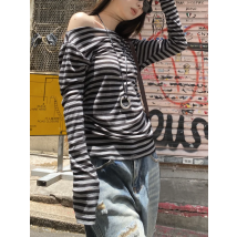 Y2k Japanisches T-Shirt Damen Langarm Gestreift Schulterfrei Tops Streetwear 2000er Jahre Ästhetische T-Shirts Korean Street Retro Top T-Shirt