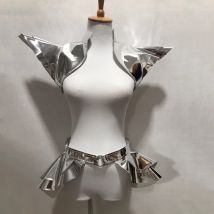 Gold Silver Patent Leather Flying Shoulder Pads Skirt Performance Clothes Women Jazz Dance Outfit Nightclub Gogo Stage Costume