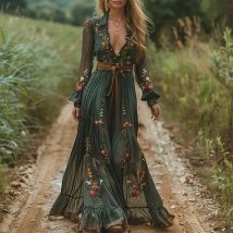 Ethnisches, modisches Vintage-Kleid mit Blumendruck für Damen, sexy V-Ausschnitt, elastische Taille, langes Kleid, Frühling und Herbst, langärmeliges Boho-Maxikleid