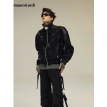 Mauroicardi Frühling Herbst Kühlen Kurzen Glänzenden Schwarzen Krokodil Druck Pu Leder Jacke Männer Luxus Designer Y2K Streetwear Kleidung