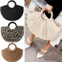 Sommer handgemachte Taschen für Frauen Strand weben Damen Strohs ack gewickelt Strand tasche Mond geformt Top Griff Handtaschen Taschen