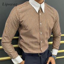 2023 frühling Herbst Herren Casual Shirts Langarm Zugeknöpft Drehen-unten Kragen Patchwork Hemd Für Männer Vintage Gestreiften Print shirts