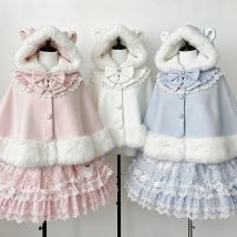 2025 Christmas Winter Cloak Overcoat Women Design Bow  Lolita Hooded Patchwork Kawaii Cope Coat Female Warm Cape Sweet Jackets